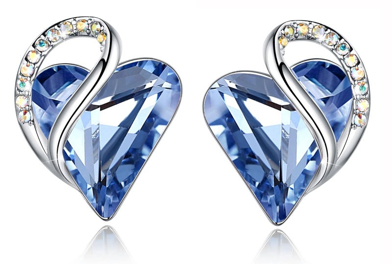 Leafael Blue Earrings for Women, Mothers Day Gift for Mom, Light Sapphire Color Heart Stud Earring with Birthstone Crystal for March & December, Silver Plated Jewelry - Image 1